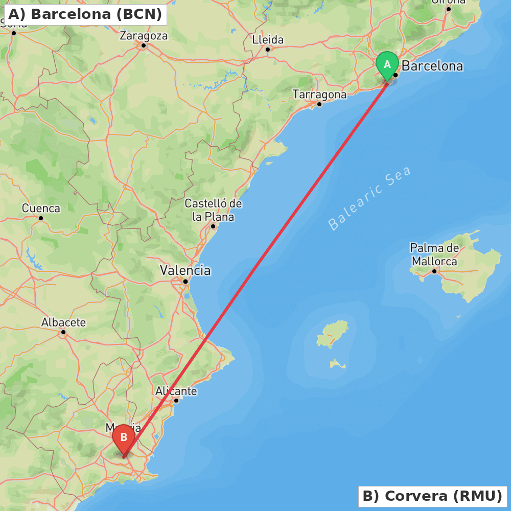 Flight route map from Barcelona to Corvera