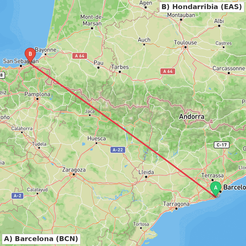 Flight route map from Barcelona to Hondarribia