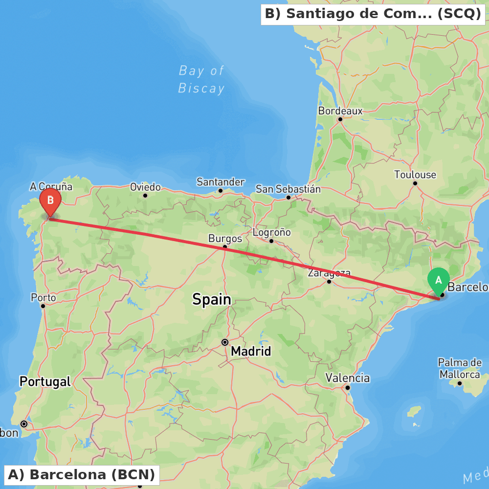 Flight route map from Barcelona to Santiago de Compostela