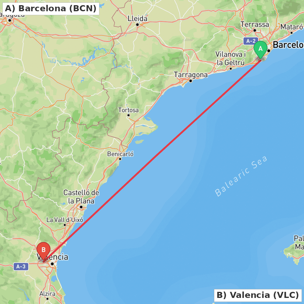 Flight route map from Barcelona to Valencia