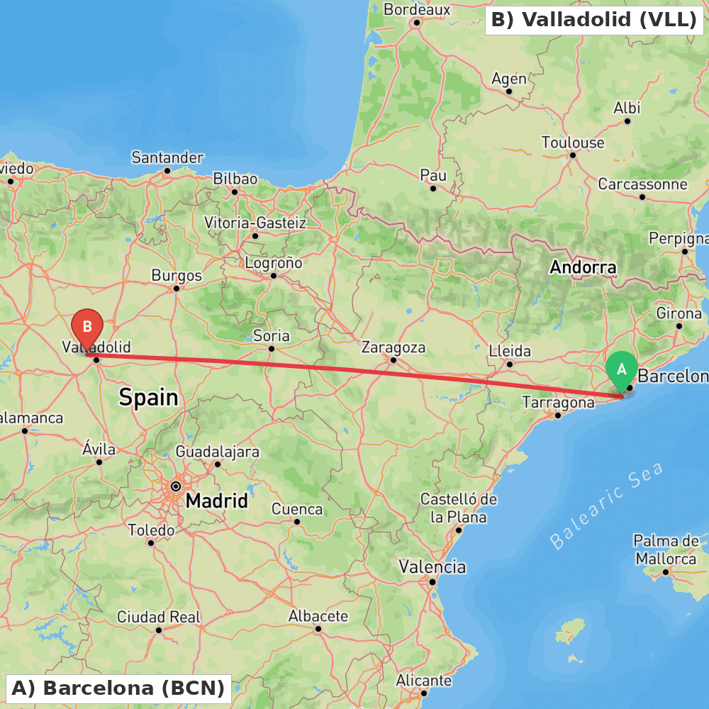 Flight route map from Barcelona to Valladolid