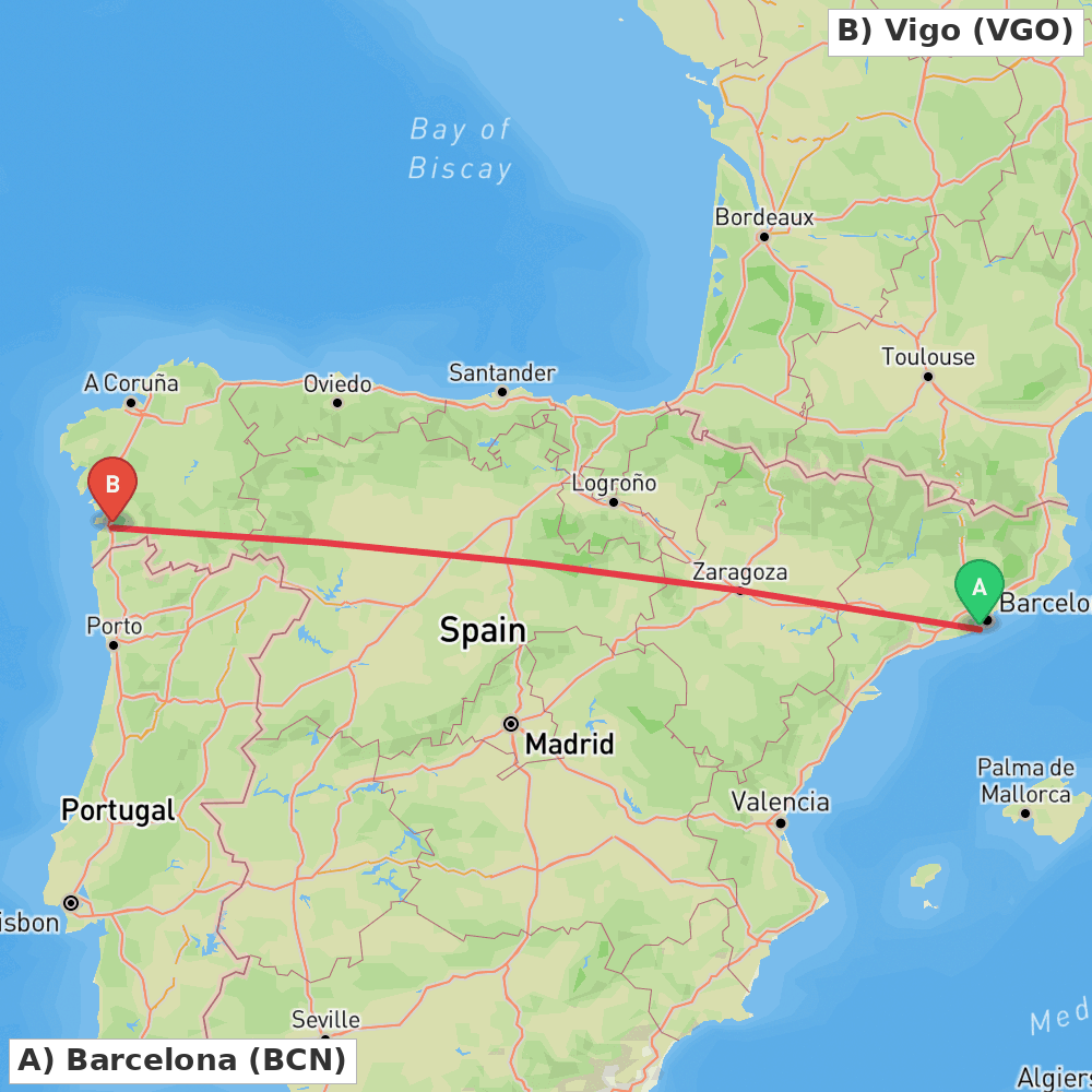 Flight route map from Barcelona to Vigo
