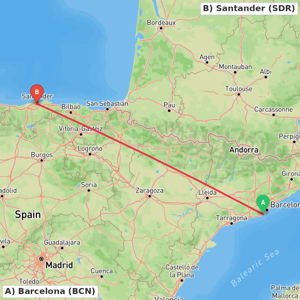 Flight route map from Barcelona to Santander