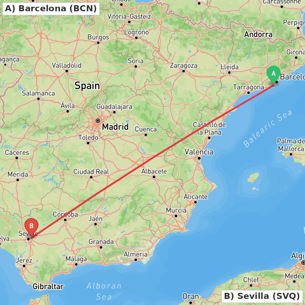 Flight route map from Barcelona to Sevilla