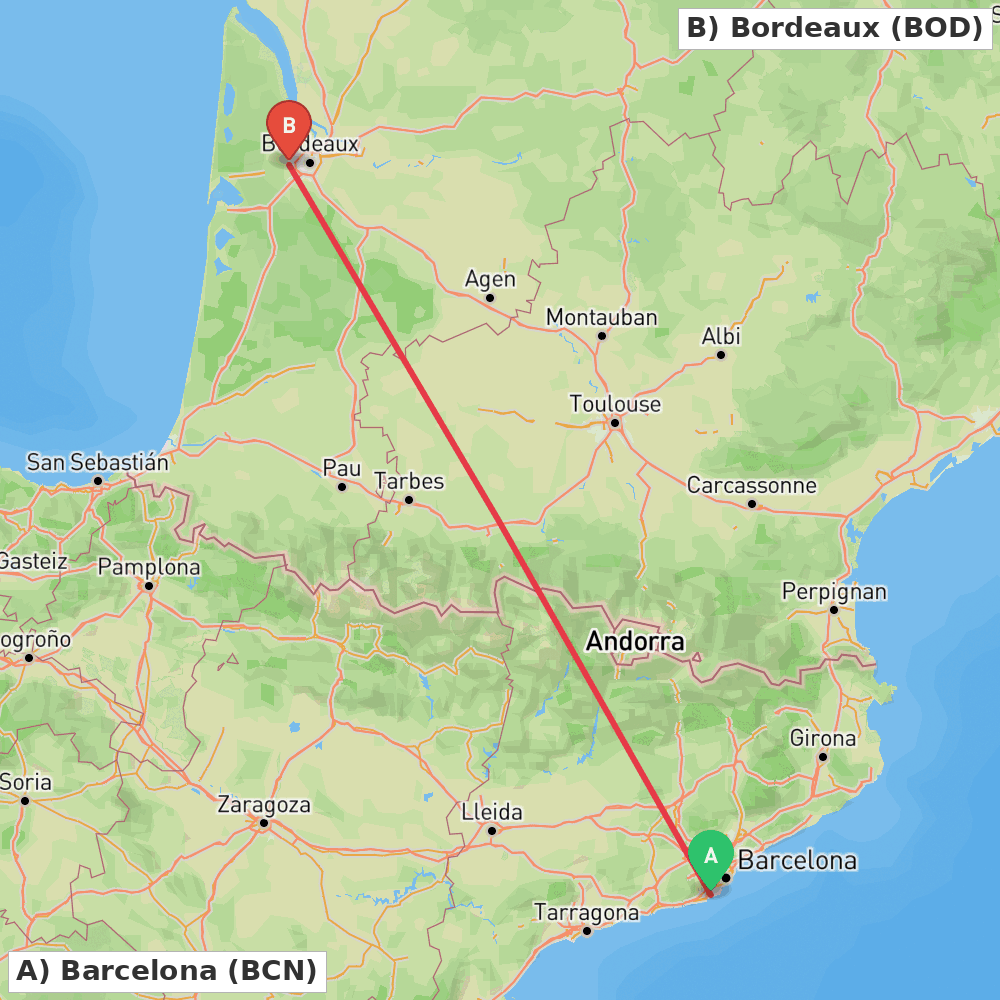 Flight route map from Barcelona to Bordeaux