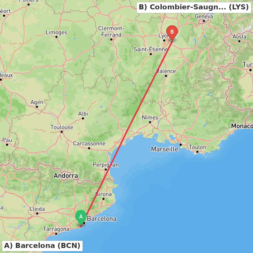 Flight route map from Barcelona to Colombier-Saugnieu, Rhône
