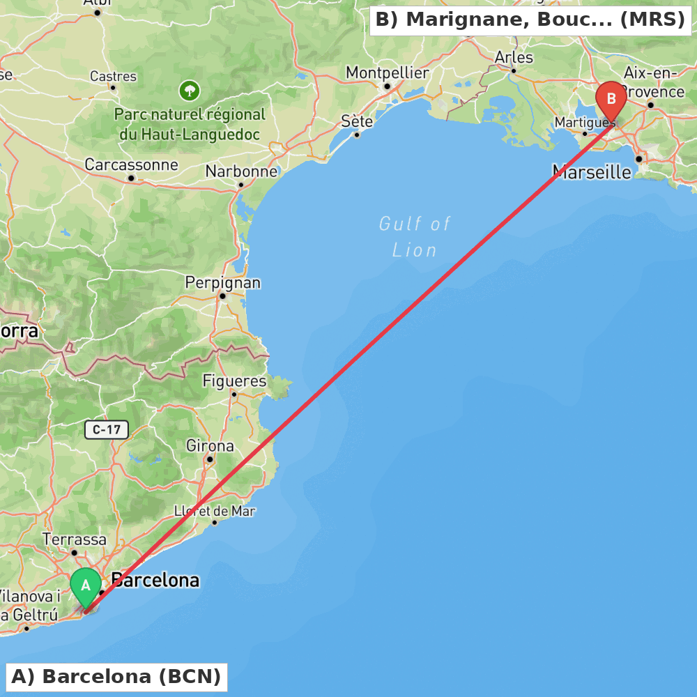 Flight route map from Barcelona to Marignane, Bouches-du-Rhône