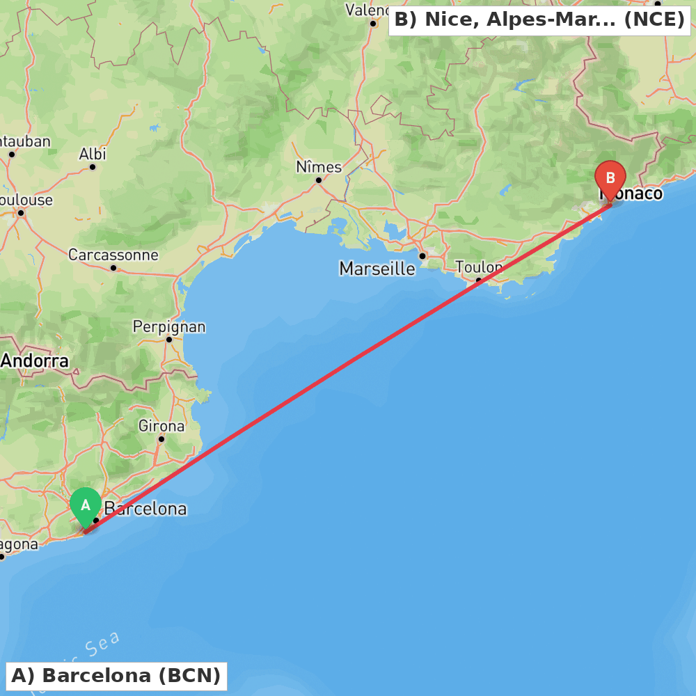 Flight route map from Barcelona to Nice, Alpes-Maritimes
