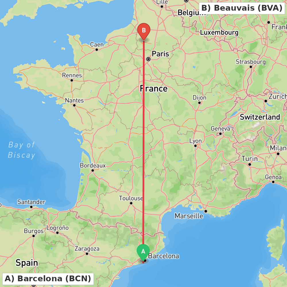 Flight route map from Barcelona to Beauvais
