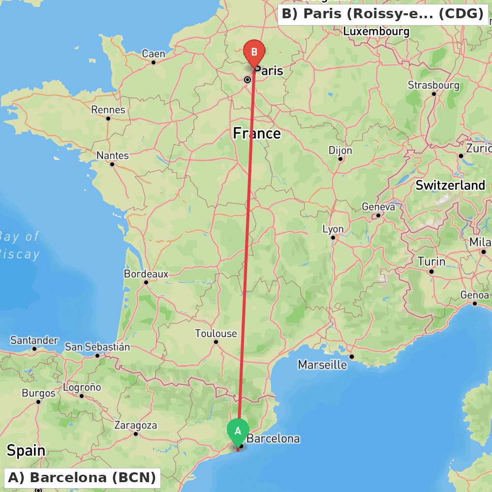 Flight route map from Barcelona to Paris (Roissy-en-France, Val-d'Oise)