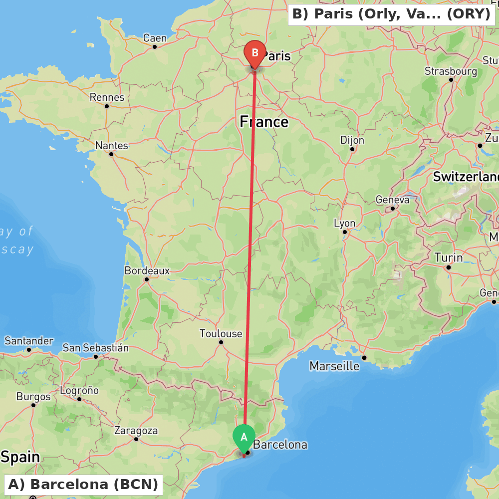 Flight route map from Barcelona to Paris (Orly, Val-de-Marne)