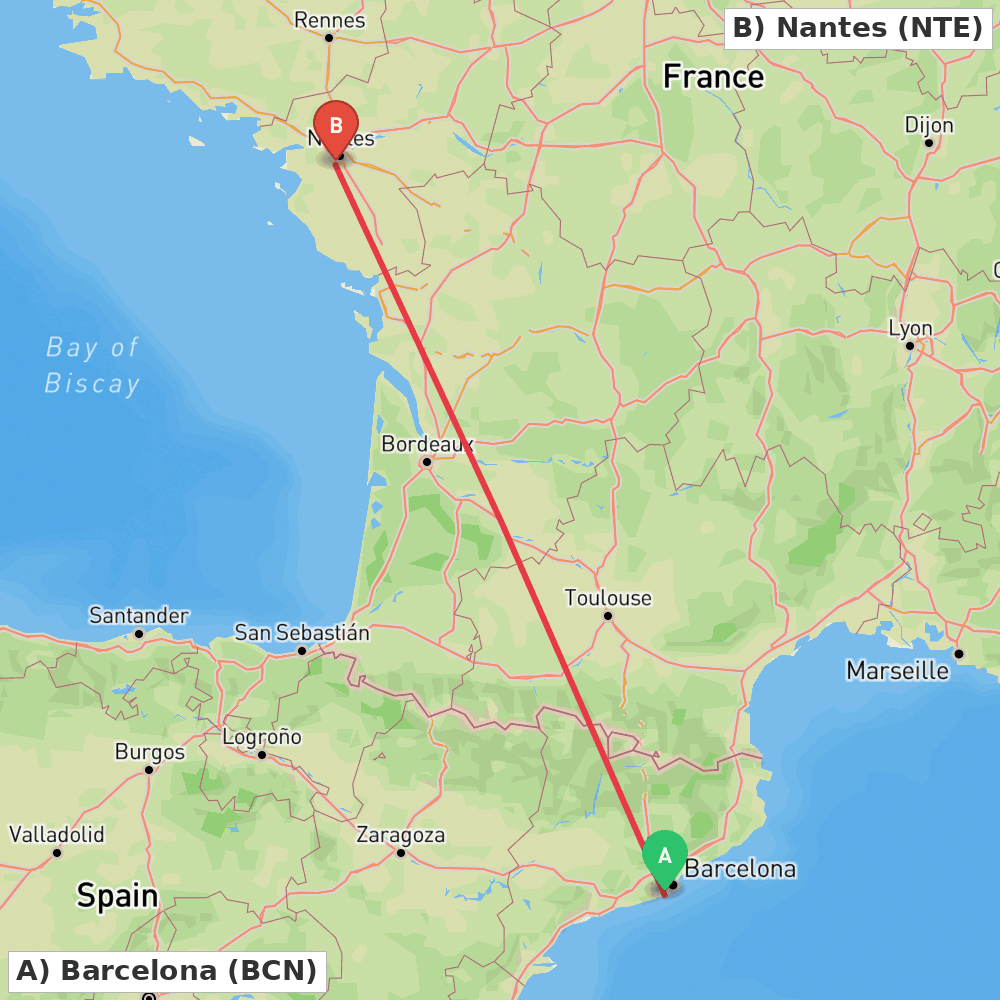 Flight route map from Barcelona to Nantes