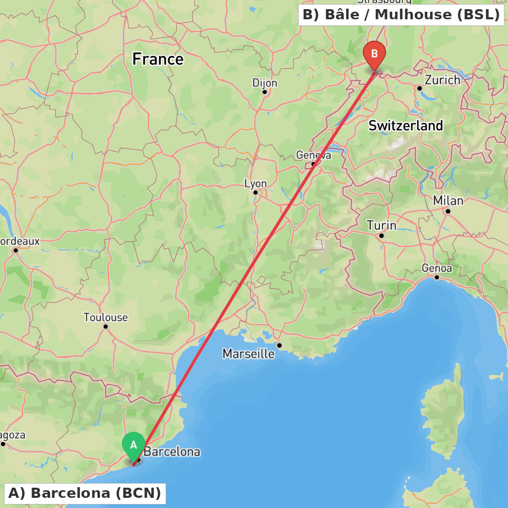 Flight route map from Barcelona to Bâle / Mulhouse