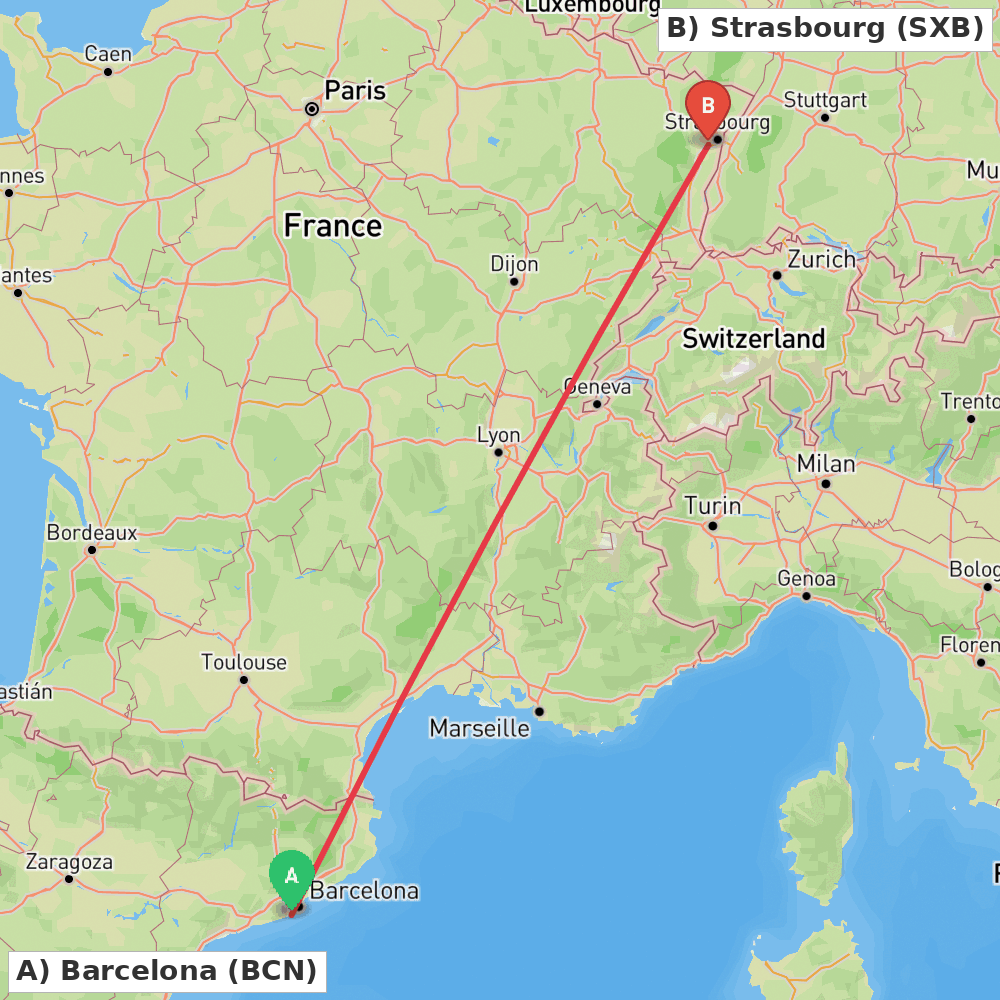 Flight route map from Barcelona to Strasbourg