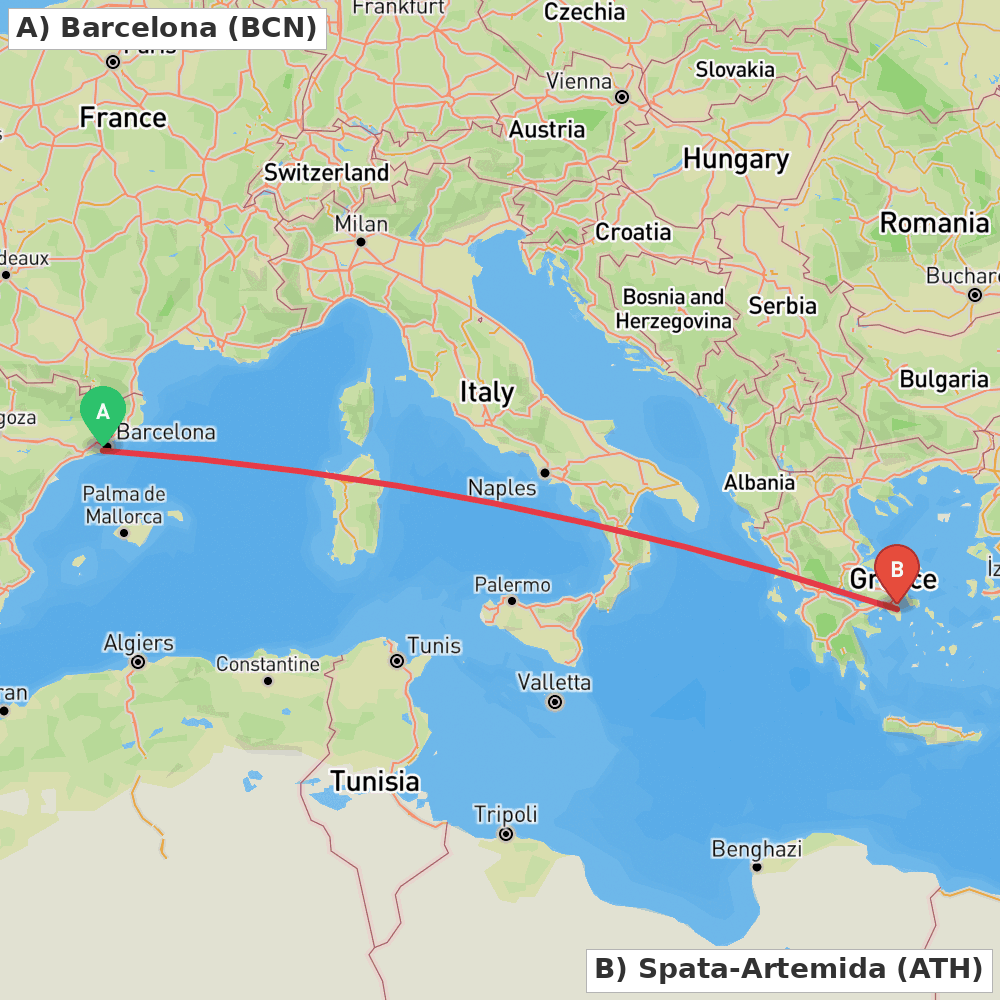 Flight route map from Barcelona to Spata-Artemida