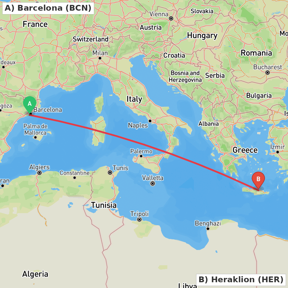 Flight route map from Barcelona to Heraklion
