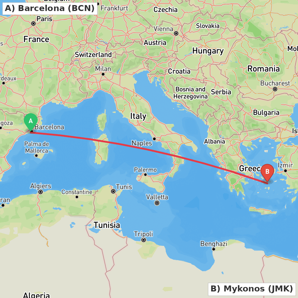Flight route map from Barcelona to Mykonos