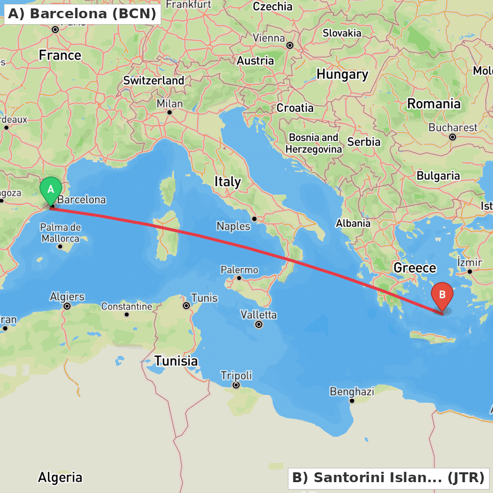 Flight route map from Barcelona to Santorini Island