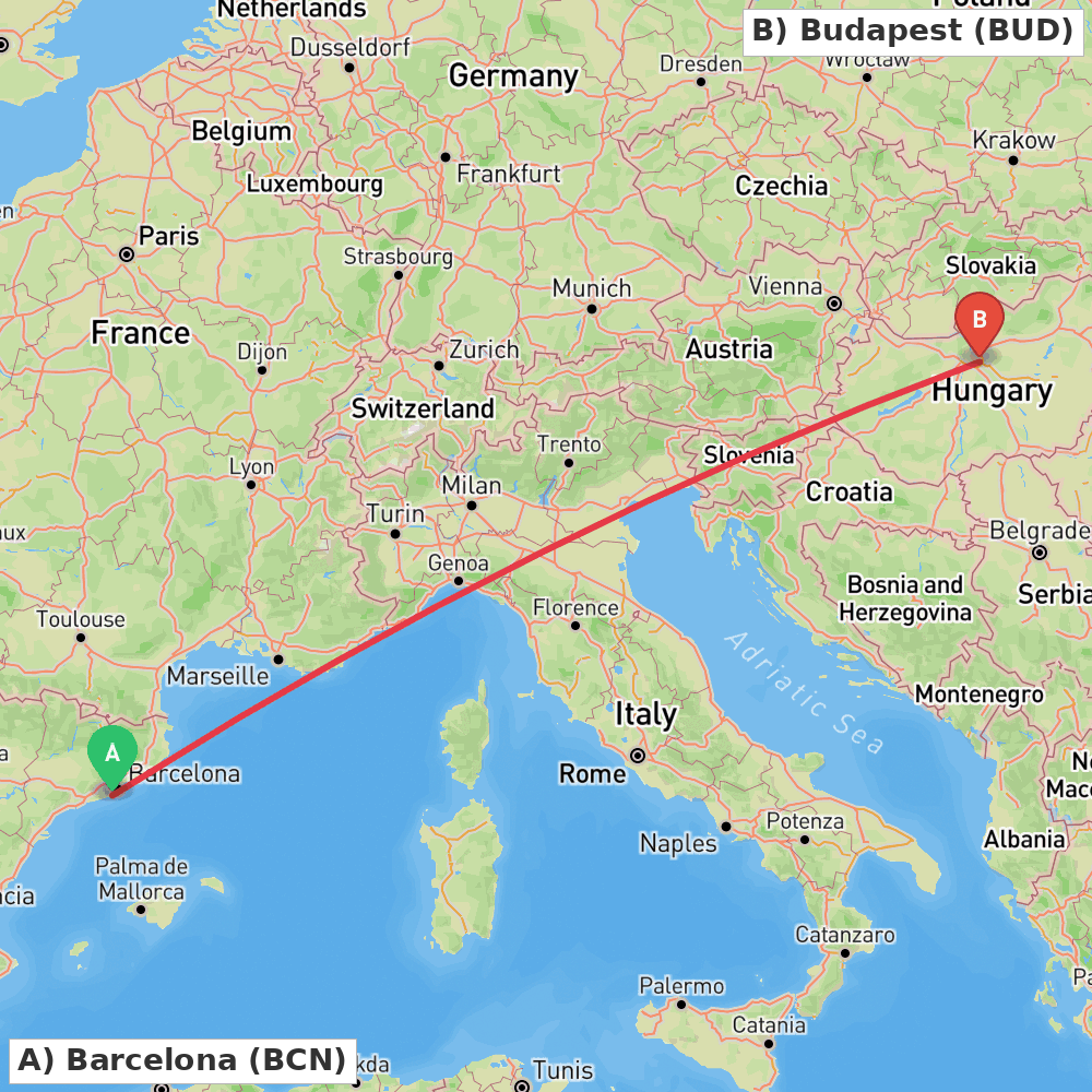 Flight route map from Barcelona to Budapest