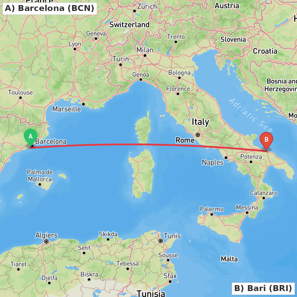 Flight route map from Barcelona to Bari