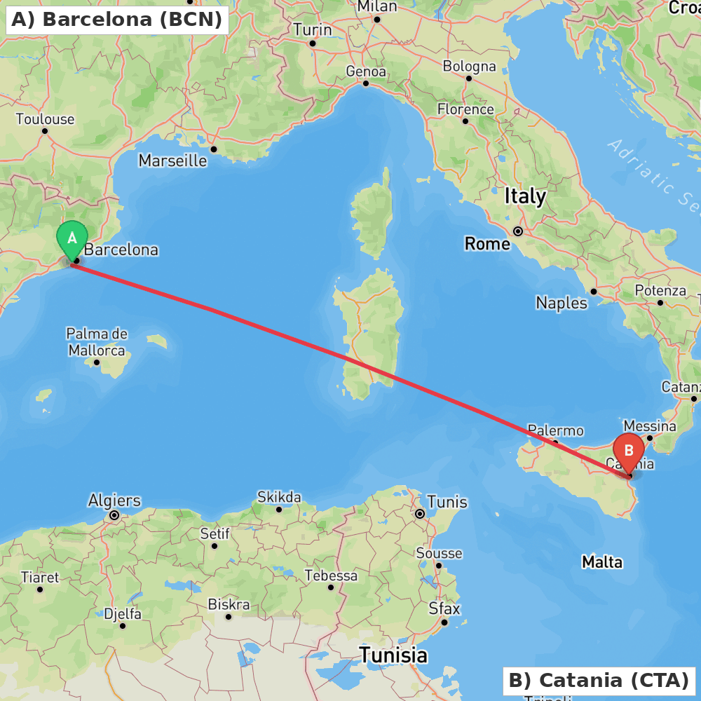 Flight route map from Barcelona to Catania
