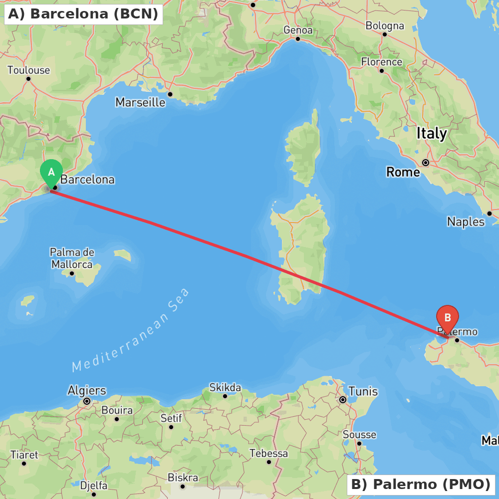 Flight route map from Barcelona to Palermo