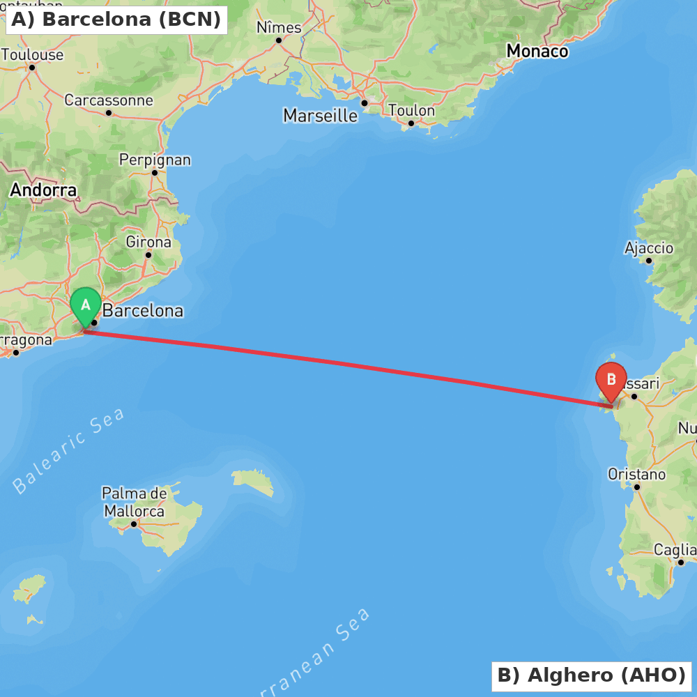 Flight route map from Barcelona to Alghero