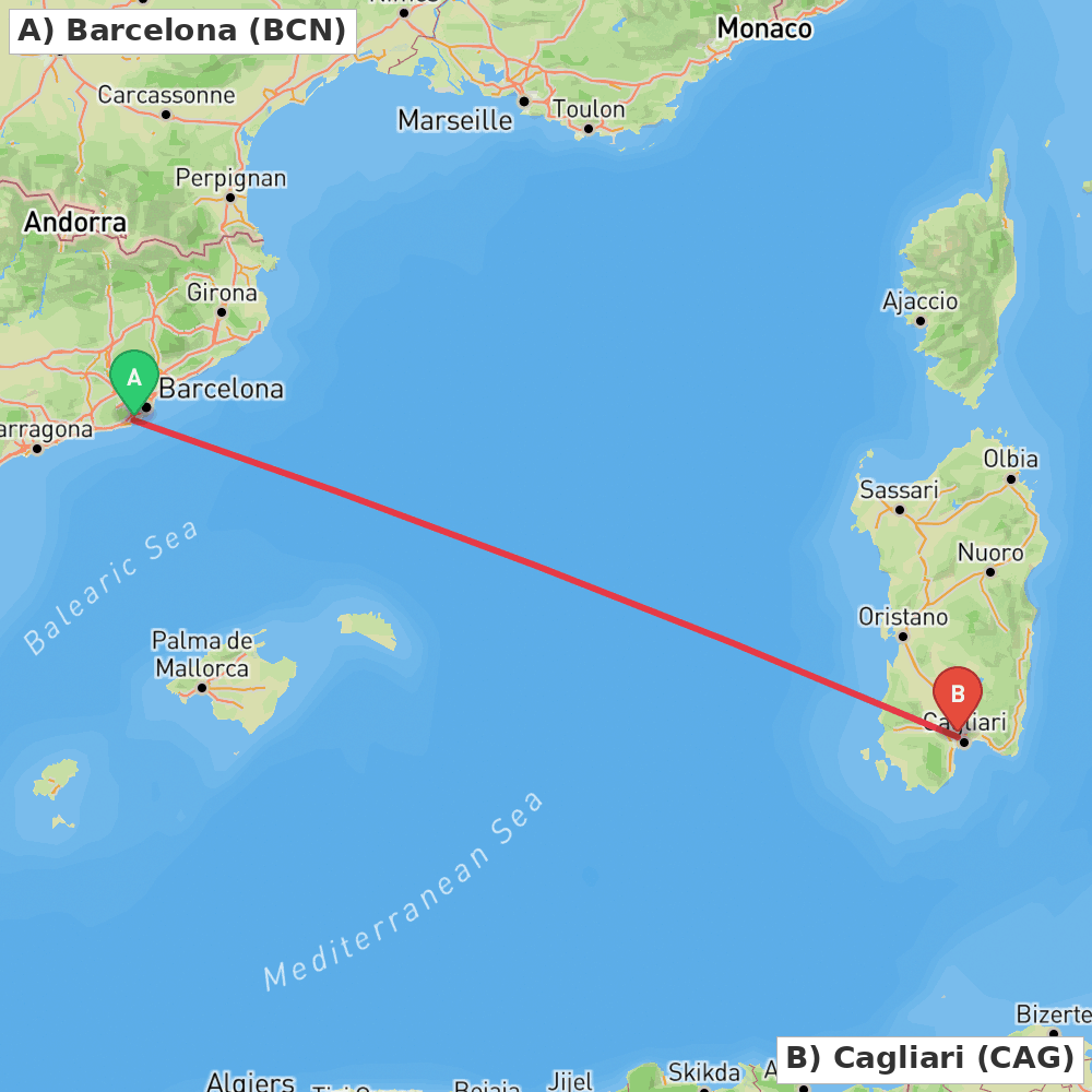 Flight route map from Barcelona to Cagliari