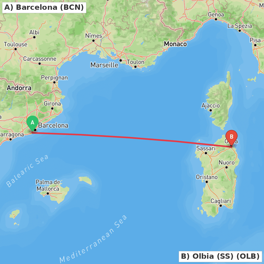 Flight route map from Barcelona to Olbia (SS)