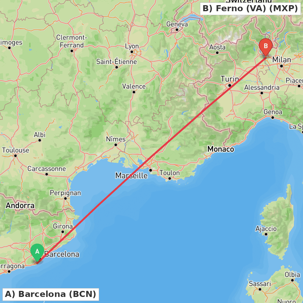 Flight route map from Barcelona to Ferno (VA)