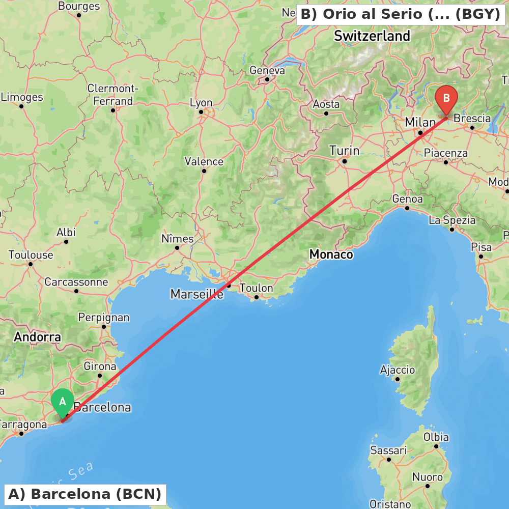 Flight route map from Barcelona to Orio al Serio (BG)