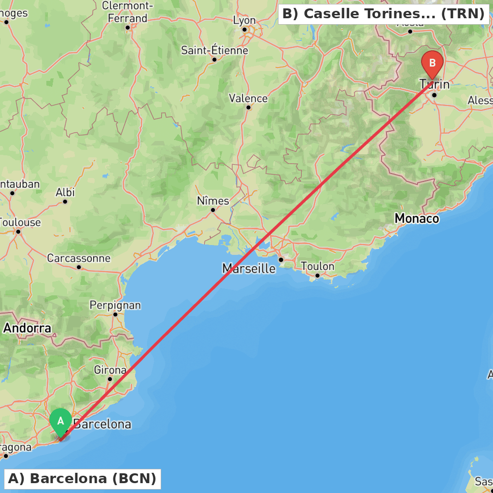 Flight route map from Barcelona to Caselle Torinese (TO)