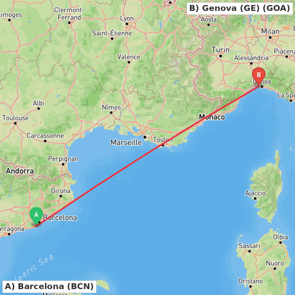 Flight route map from Barcelona to Genova (GE)