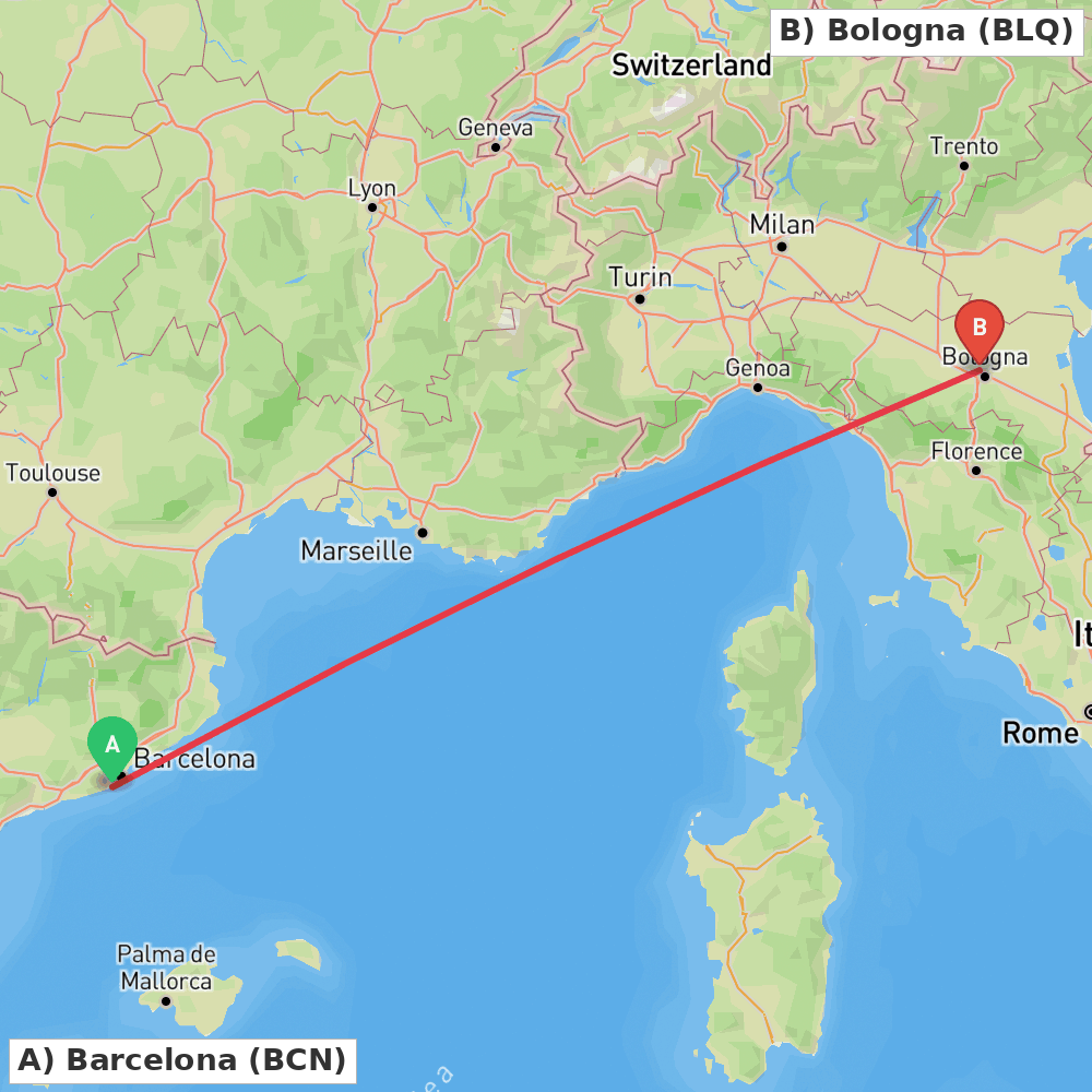 Flight route map from Barcelona to Bologna