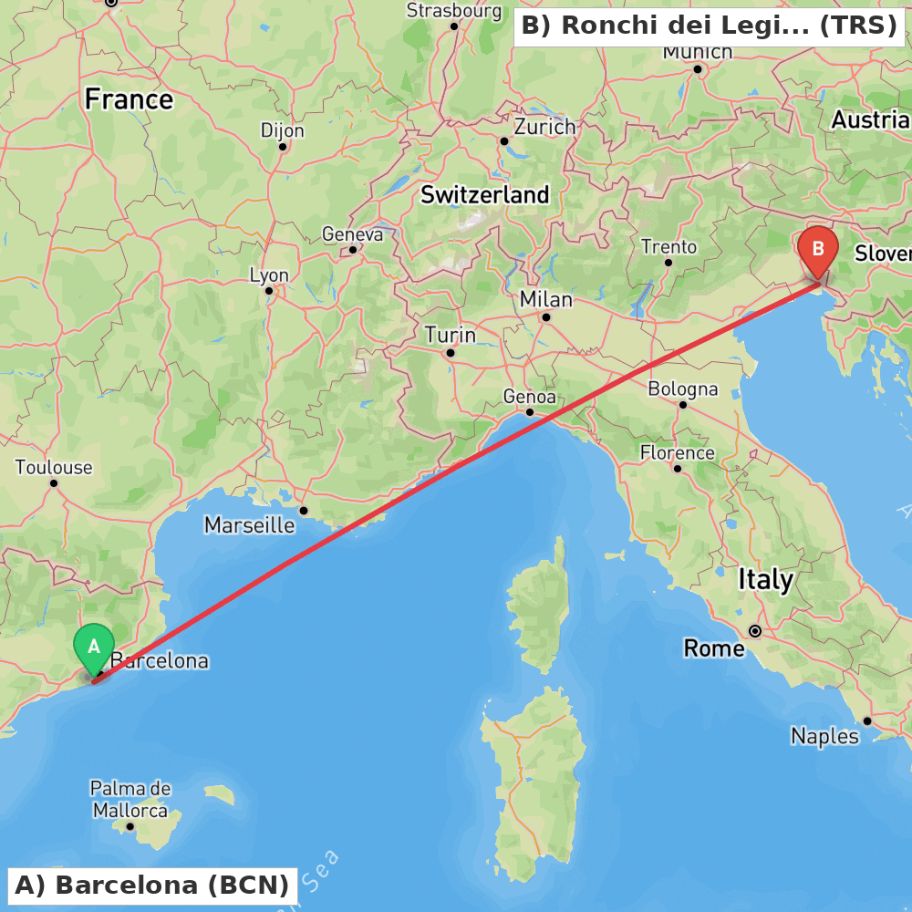 Flight route map from Barcelona to Ronchi dei Legionari (GO)