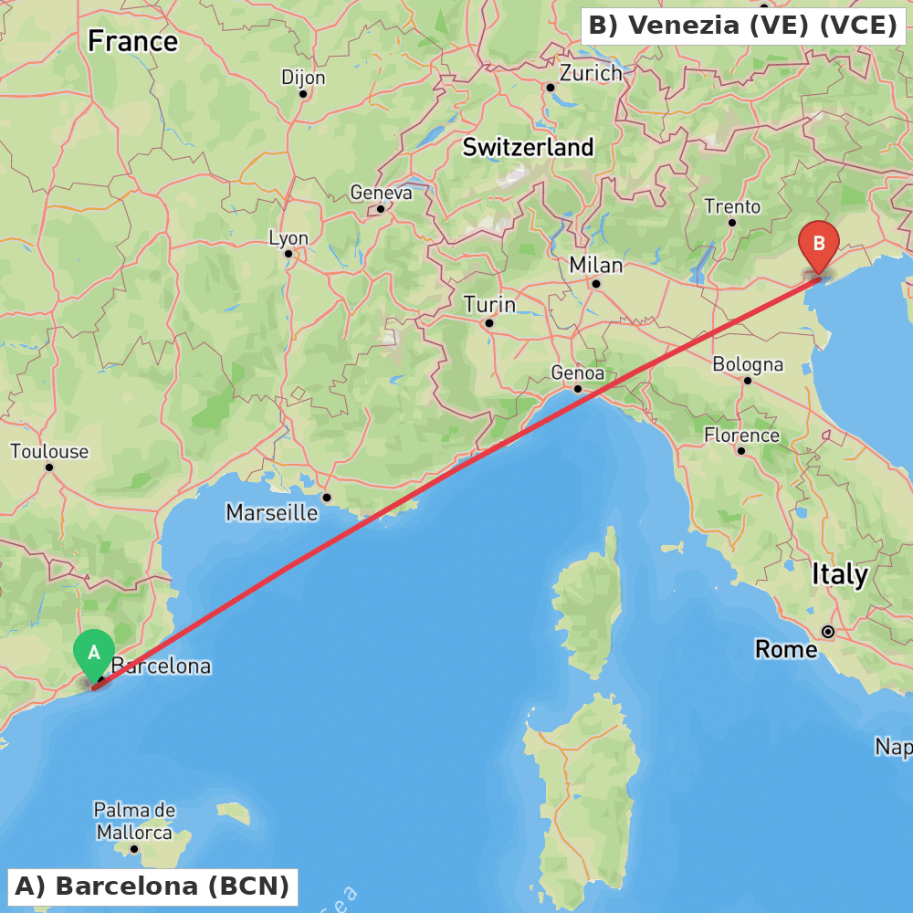 Flight route map from Barcelona to Venezia (VE)