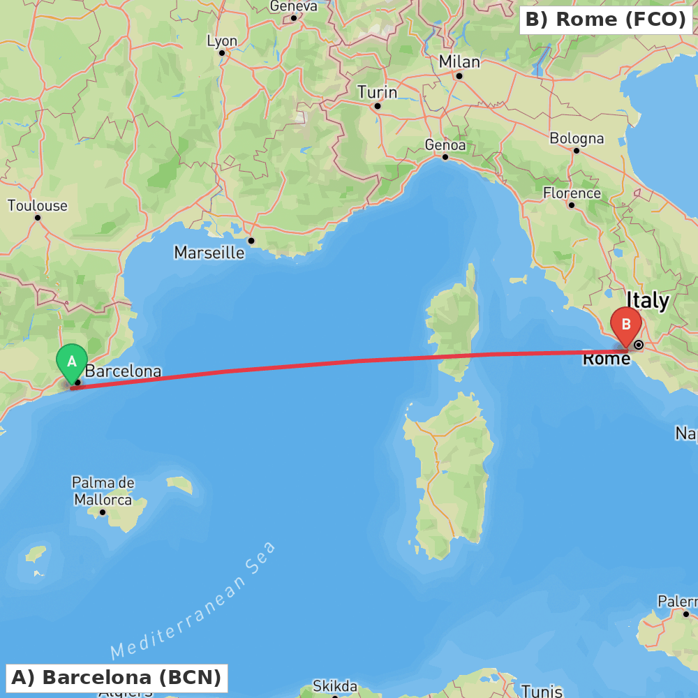 Flight route map from Barcelona to Rome
