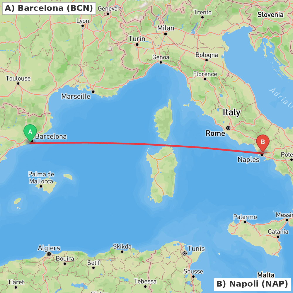 Flight route map from Barcelona to Napoli