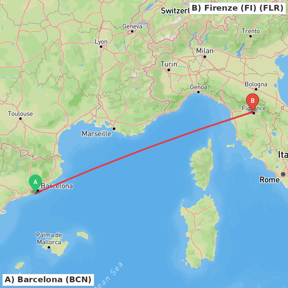 Flight route map from Barcelona to Firenze (FI)