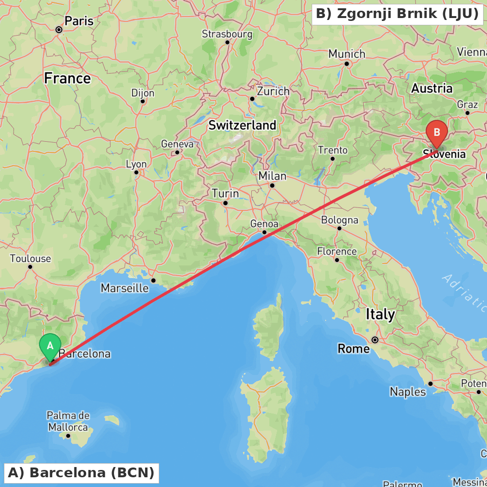 Flight route map from Barcelona to Zgornji Brnik
