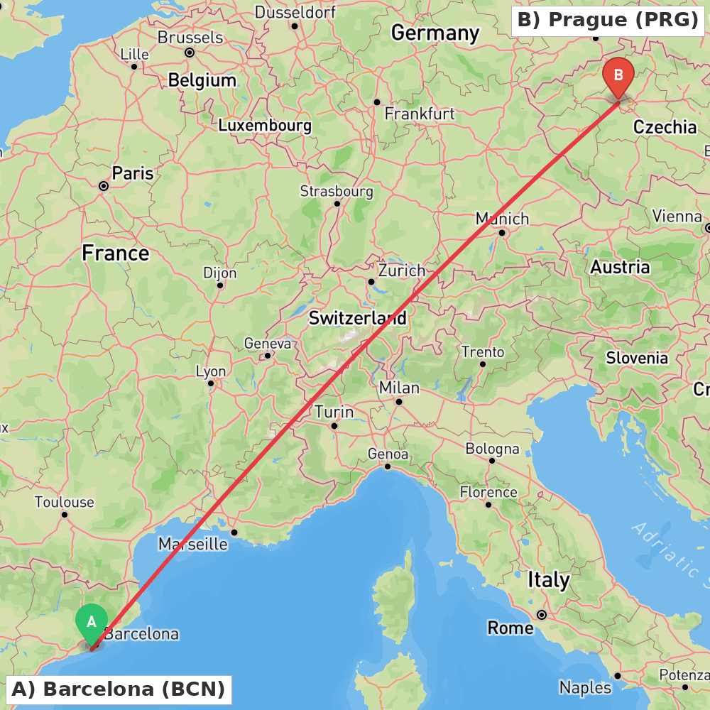 Flight route map from Barcelona to Prague