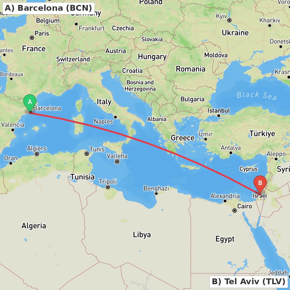 Flight route map from Barcelona to Tel Aviv