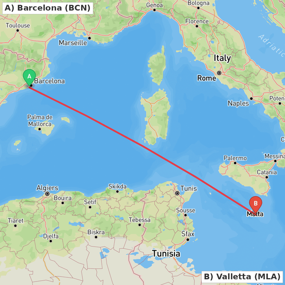 Flight route map from Barcelona to Valletta