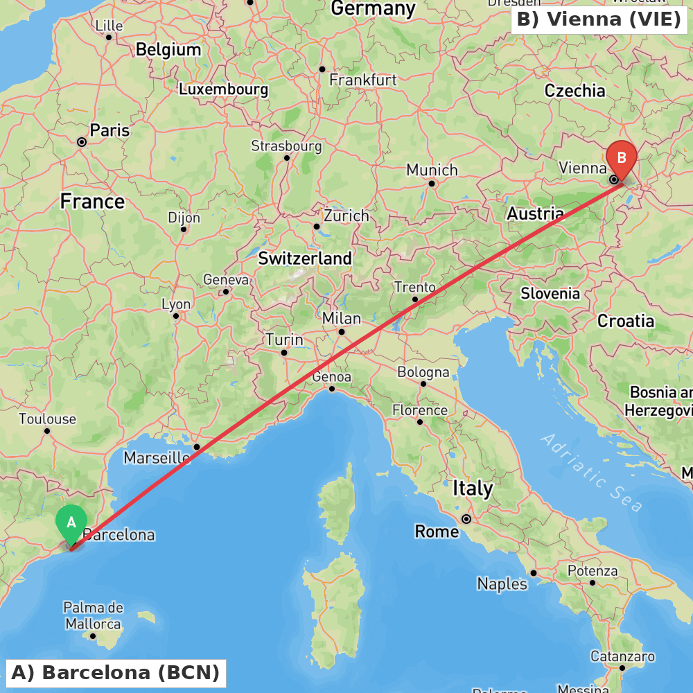 Flight route map from Barcelona to Vienna