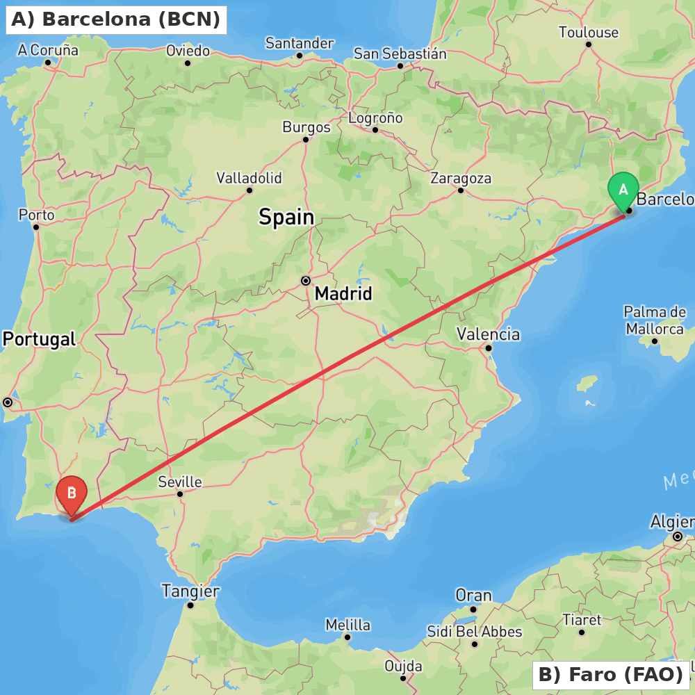 Flight route map from Barcelona to Faro