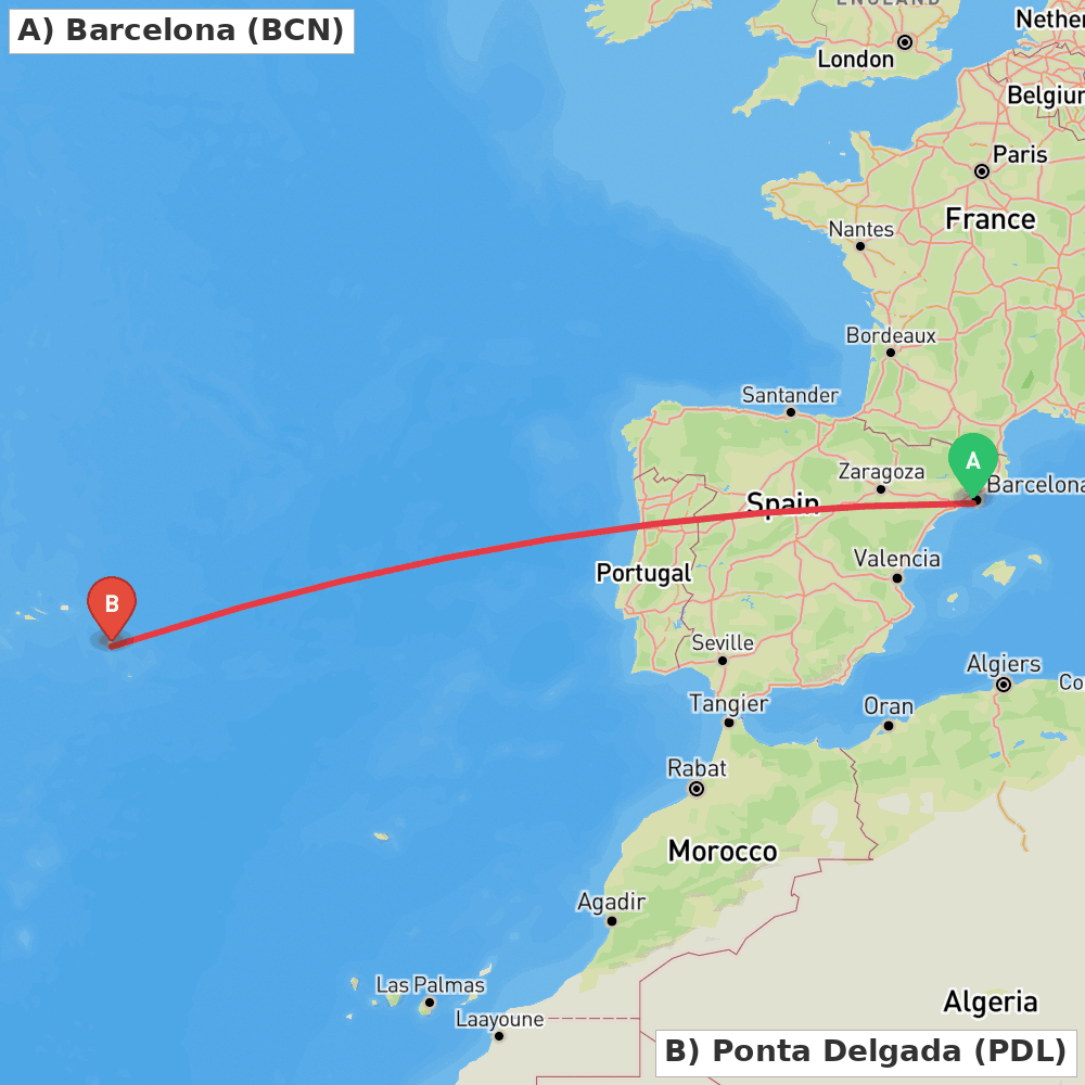 Flight route map from Barcelona to Ponta Delgada