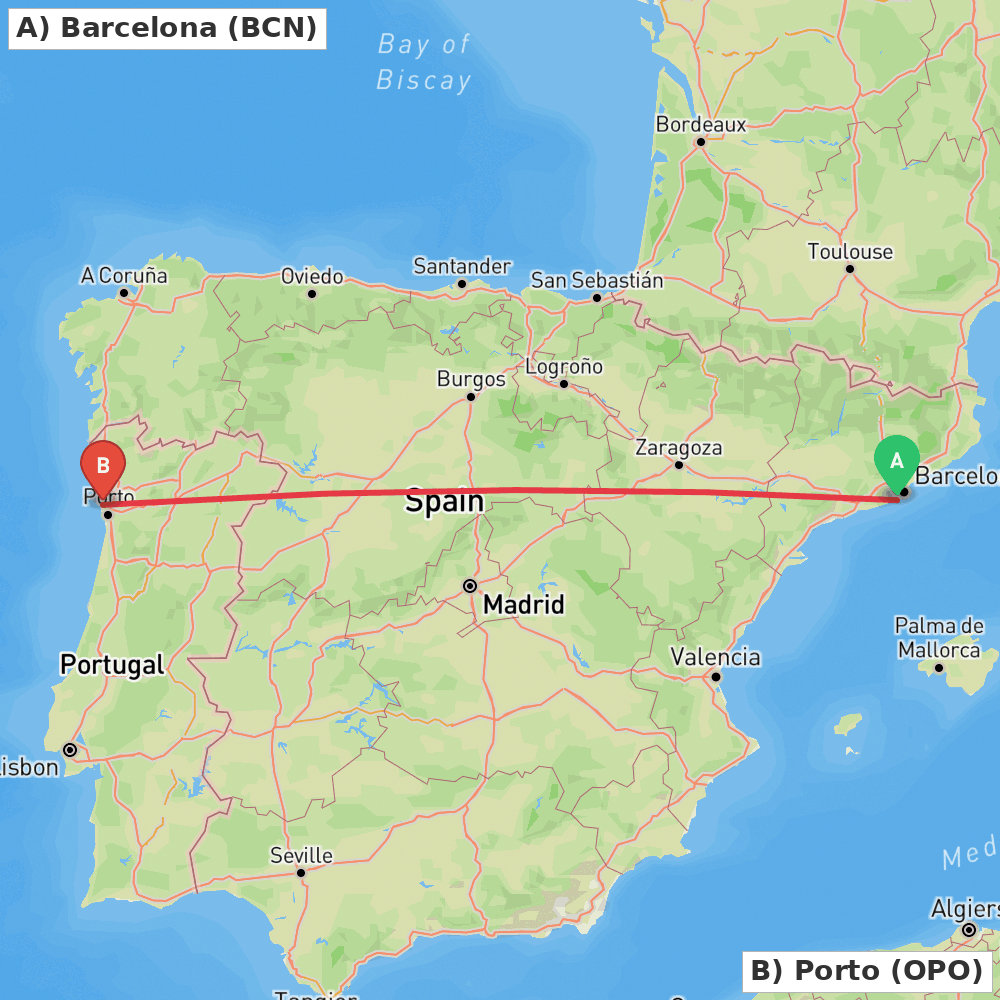 Flight route map from Barcelona to Porto