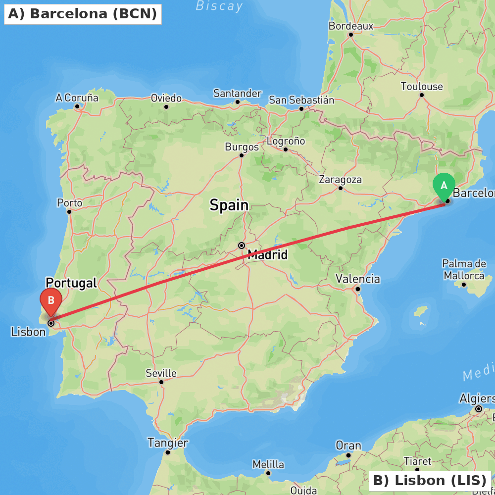 Flight route map from Barcelona to Lisbon