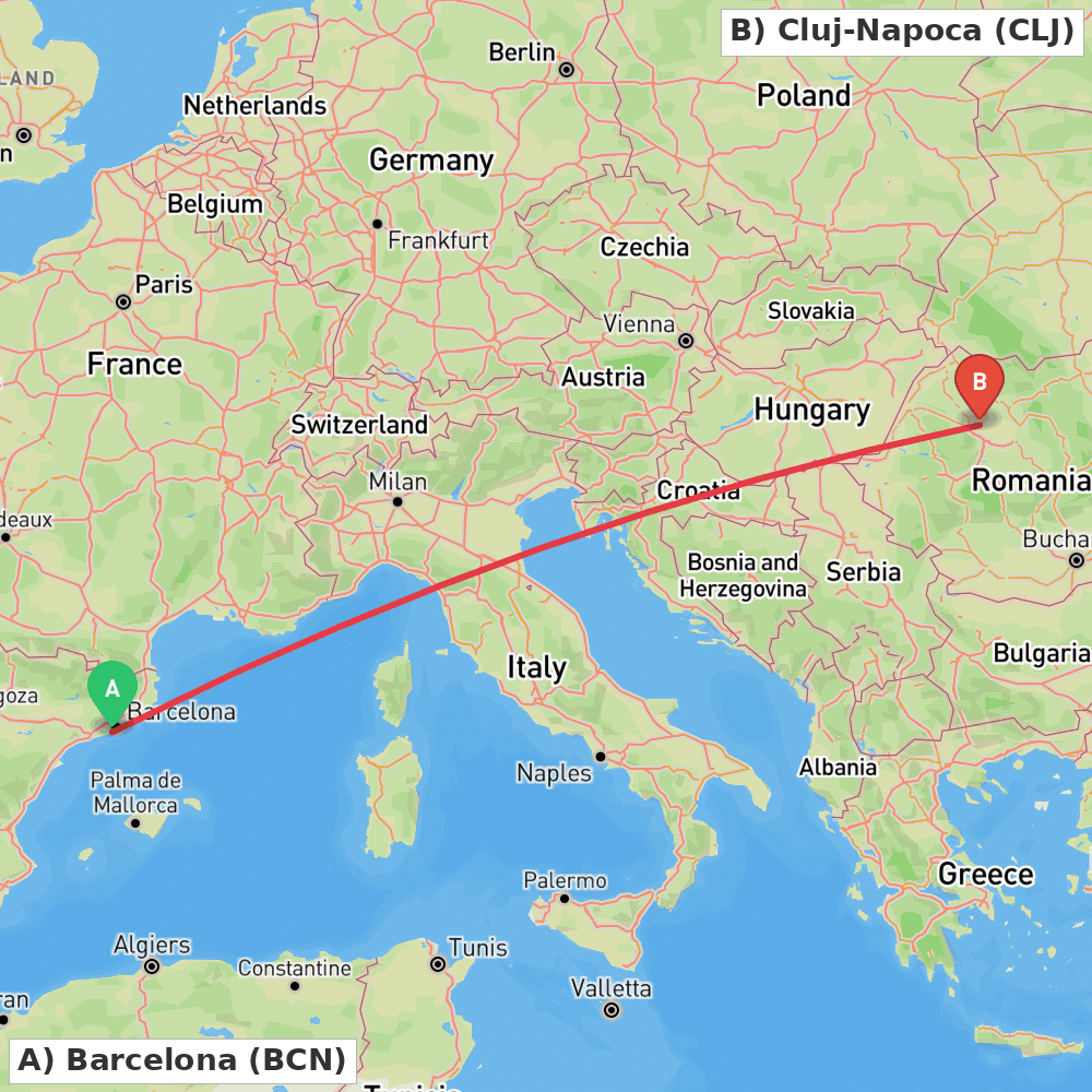 Flight route map from Barcelona to Cluj-Napoca