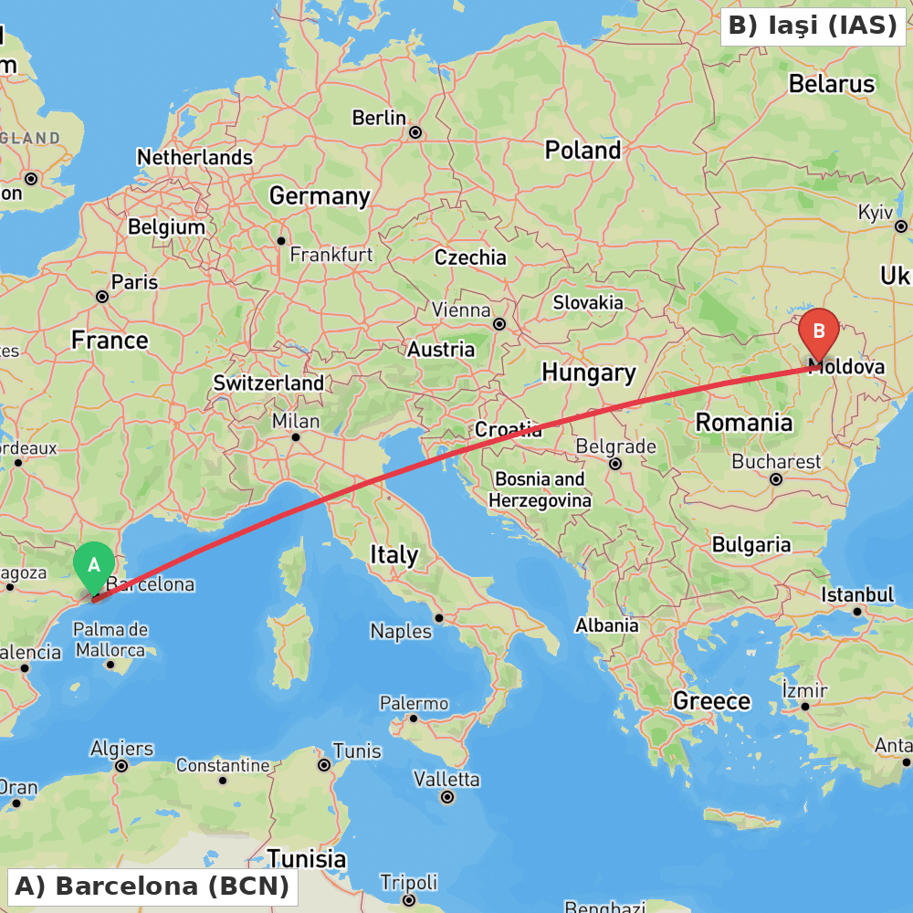 Flight route map from Barcelona to Iaşi